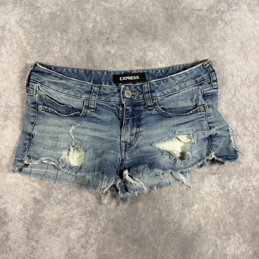 Express Shortie Low Rise Distressed Denim Micro Shorts Blue Size 2 Y2K Cheeky